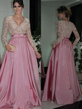 A-Line/Princess V-neck Floor Length Satin Long Sleeves Prom Evening Dress with Lace