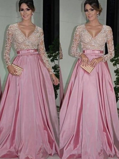 A-Line/Princess V-neck Floor Length Satin Long Sleeves Prom Evening Dress with Lace