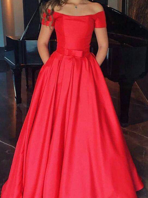 A-Line/Princess Off-the-Shoulder Floor Length Satin Prom Formal Dress with Ruffles