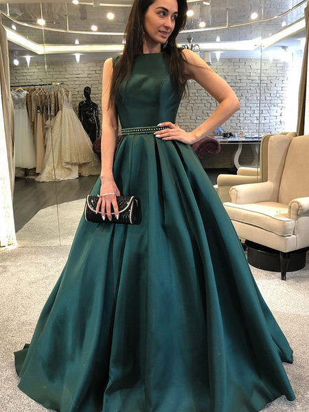 A-Line/Princess Bateau Sweep/Brush Train Satin Prom Evening Dress with Beading