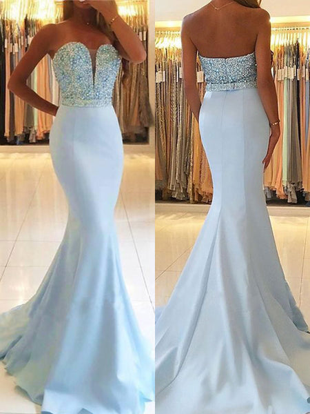 Trumpet/Mermaid Sweetheart Sweep/Brush Train Satin Prom Evening Dress with Beading