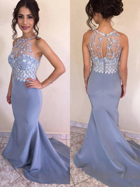 Trumpet/Mermaid Jewel Sweep/Brush Train Satin Prom Evening Dress with Crystal