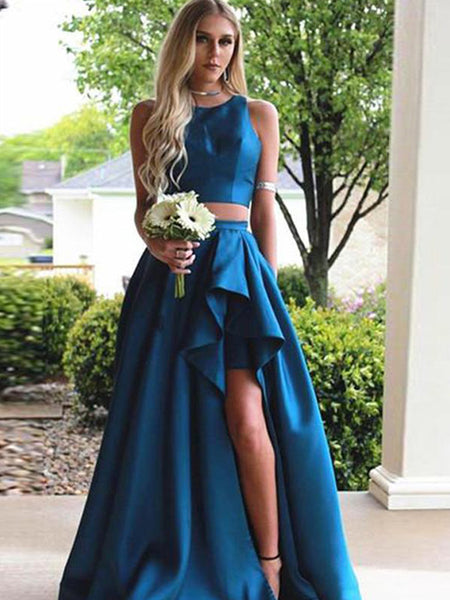 A-Line/Princess Scoop Sweep/Brush Train Satin Two Piece Prom Evening Dress with Ruffles