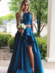 A-Line/Princess Scoop Sweep/Brush Train Satin Two Piece Prom Evening Dress with Ruffles