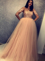 Ball Gown Scoop Sweep/Brush Train Tulle Short Sleeves Prom Evening Dress with Applique