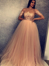 Ball Gown Scoop Sweep/Brush Train Tulle Short Sleeves Prom Evening Dress with Applique