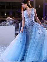 Ball Gown Scoop Sweep/Brush Train Tulle Prom Formal Dress with Applique