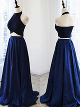 A-Line/Princess Halter Sweep/Brush Train Satin Two Piece Prom Evening Dress with Ruffles