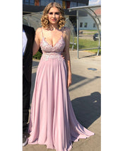 Empire Spaghetti Straps Sweep/Brush Train Chiffon Prom Evening Dress with Lace