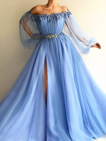 A-Line/Princess Off-the-Shoulder Floor Length Tulle Beading Long Sleeves Dress with Split