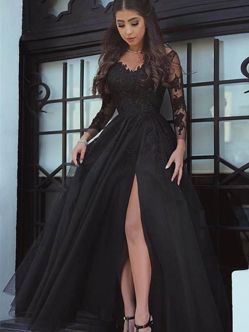 Ball Gown Off-the-Shoulder Sweep/Brush Train Tulle Applique Long Sleeves Dress with Split
