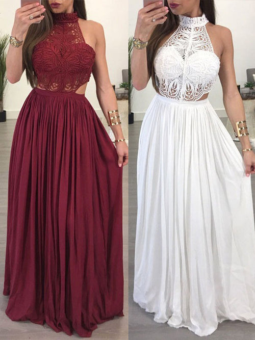 A-Line/Princess Halter Floor Length Chiffon Two Piece Prom Evening Dress with Lace