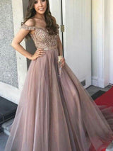 A-Line/Princess Off-the-Shoulder Floor Length Tulle Prom Evening Dress with Beading