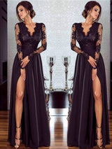 A-Line/Princess V-neck Floor Length Chiffon Applique Long Sleeves Prom Evening Dress with Split