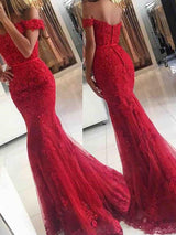 Trumpet/Mermaid Off-the-Shoulder Sweep/Brush Train Tulle Prom Evening Dress with Applique