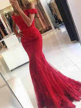 Trumpet/Mermaid Off-the-Shoulder Sweep/Brush Train Tulle Prom Evening Dress with Applique