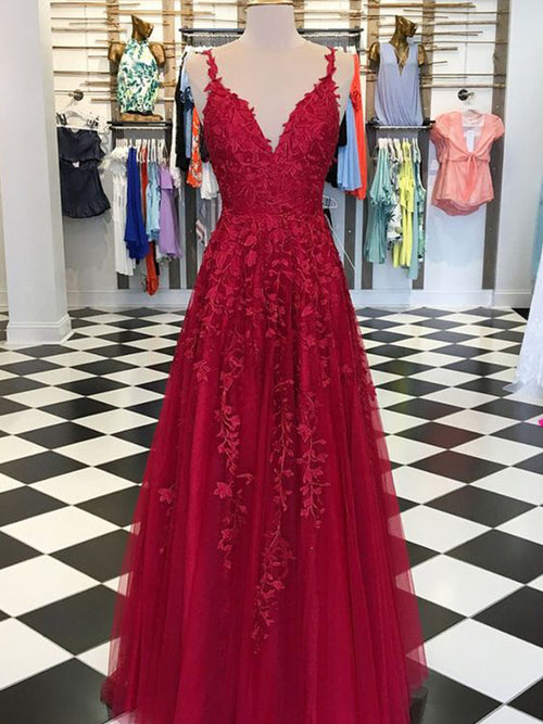 A-Line/Princess V-neck Floor Length Tulle Prom Evening Dress with Applique