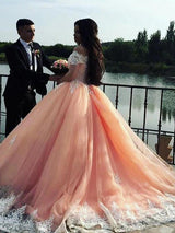Ball Gown Off-the-Shoulder Court Train Tulle Prom Evening Dress with Lace