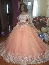 Ball Gown Off-the-Shoulder Court Train Tulle Prom Evening Dress with Lace