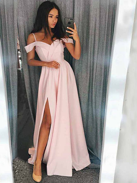 A-Line/Princess Off-the-Shoulder Sweep/Brush Train Satin Ruffles Prom Evening Dress with Split