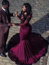 Trumpet/Mermaid Bateau Sweep/Brush Train Satin Long Sleeves Prom Evening Dress with Applique