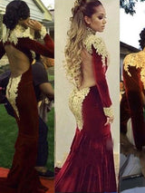 Trumpet/Mermaid High Neck Court Train Velvet Long Sleeves Prom Evening Dress with Applique