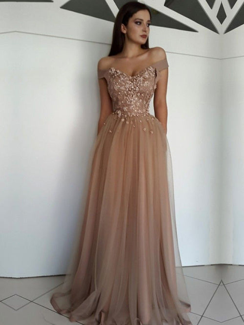 A-Line/Princess Off-the-Shoulder Floor Length Tulle Prom Evening Dress with Applique
