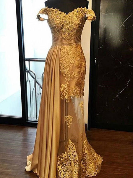 Sheath/Column Off-the-Shoulder Sweep/Brush Train Tulle Prom Evening Dress with Applique