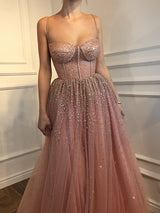 A-Line/Princess Spaghetti Straps Floor Length Tulle Prom Evening Dress with Rhinestone