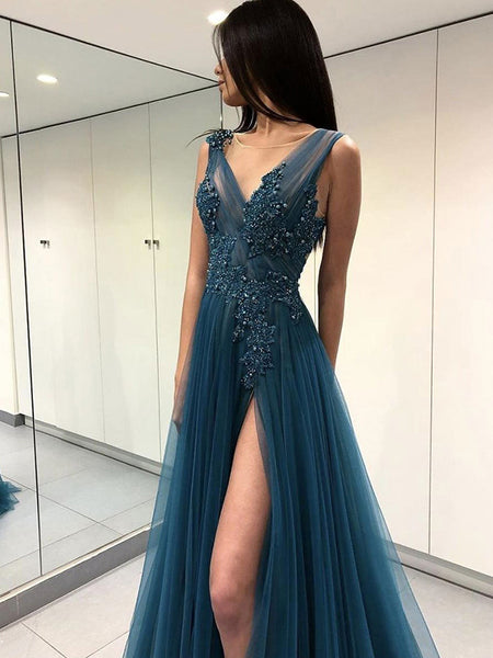 A-Line/Princess V-neck Floor Length Tulle Applique Prom Evening Dress with Split
