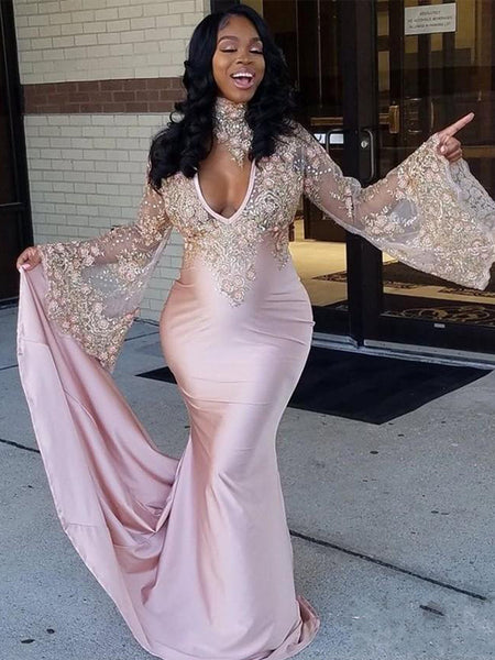 Trumpet/Mermaid High Neck Sweep/Brush Train Satin Long Sleeves Prom Evening Dress with Applique