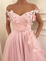 A-Line/Princess Off-the-Shoulder Floor Length Tulle Prom Formal Dress with Applique