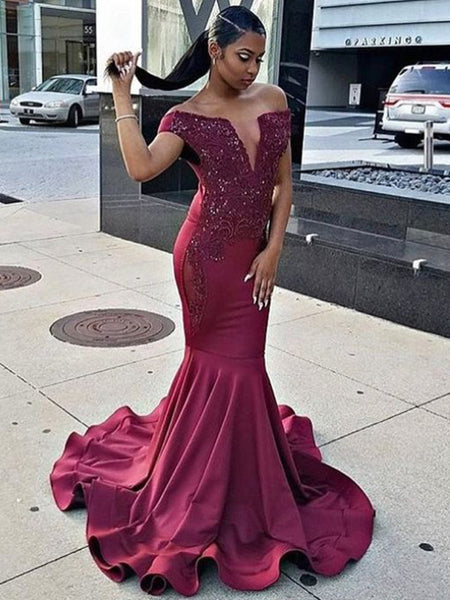 Trumpet/Mermaid Off-the-Shoulder Sweep/Brush Train Satin Prom Evening Dress with Lace
