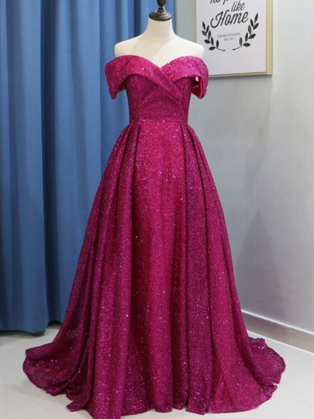 Ball Gown Off-the-Shoulder Sweep/Brush Train Sequins Prom Evening Dress with Ruffles