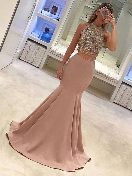 Trumpet/Mermaid High Neck Sweep/Brush Train Satin Two Piece Dress with Beading