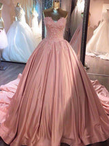 Ball Gown Sweetheart Court Train Satin Prom Evening Formal Dress with Lace
