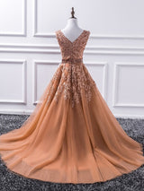 A-Line/Princess V-neck Sweep/Brush Train Tulle Prom Evening Dress with Applique
