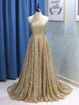 A-Line/Princess Jewel Sweep/Brush Train Sequins Prom Formal Dress with Ruffles
