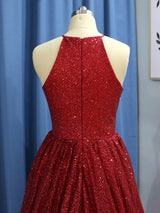 A-Line/Princess Jewel Sweep/Brush Train Sequins Prom Formal Dress with Ruffles