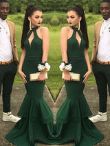Trumpet/Mermaid Halter Floor Length Elastic Woven Satin Prom Formal Dress with Ruffles