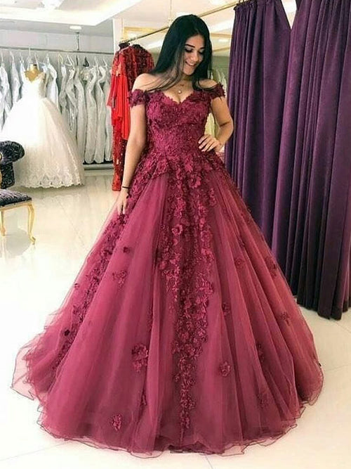 Ball Gown Off-the-Shoulder Sweep/Brush Train Tulle Prom Evening Dress with Applique