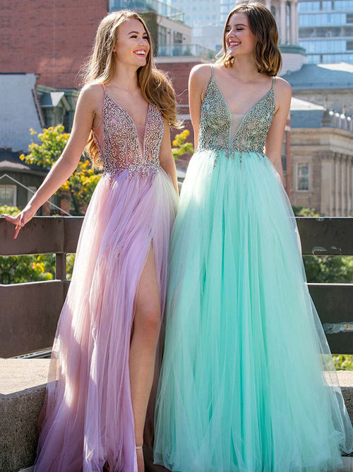 A-Line/Princess V-neck Floor Length Tulle Beading Prom Evening Dress with Split