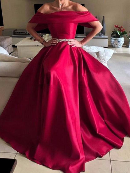 A-Line/Princess Off-the-Shoulder Floor Length Satin Prom Evening Dress with Sash/Ribbon/Belt