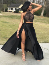 A-Line/Princess Halter Sweep/Brush Train Elastic Woven Satin Two Piece Dress with Ruffles