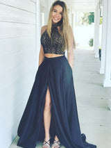 A-Line/Princess Halter Sweep/Brush Train Elastic Woven Satin Two Piece Dress with Ruffles