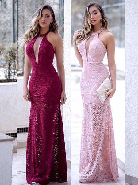 Sheath/Column Halter Floor Length Lace Prom Evening Formal Dress with Rufflles