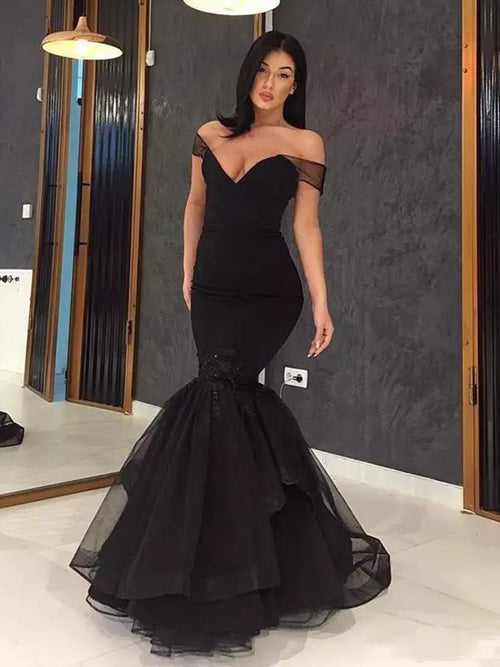 Trumpet/Mermaid Off-the-Shoulder Sweep/Brush Train Tulle Prom Evening Dress with Ruffles