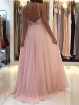 A-Line/Princess Halter Floor Length Tulle Prom Formal Dress with Beading