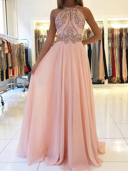 A-Line/Princess Halter Floor Length Tulle Prom Formal Dress with Beading