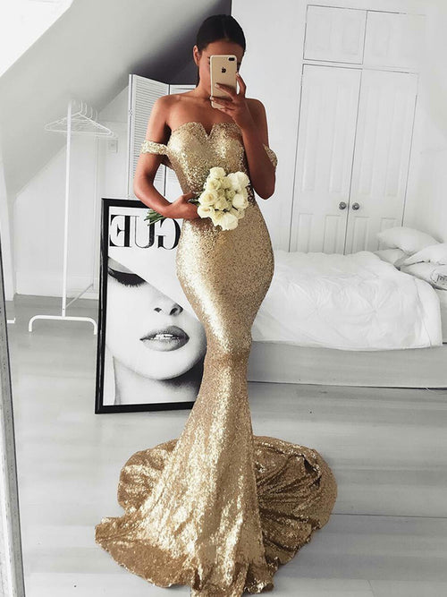 Trumpet/Mermaid Off-the-Shoulder Sweep/Brush Train Sequins Prom Evening Dress with Ruffles
